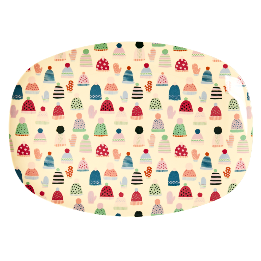 Mittens & Beanie Hat Print Rectangular Melamine Plate Rice DK